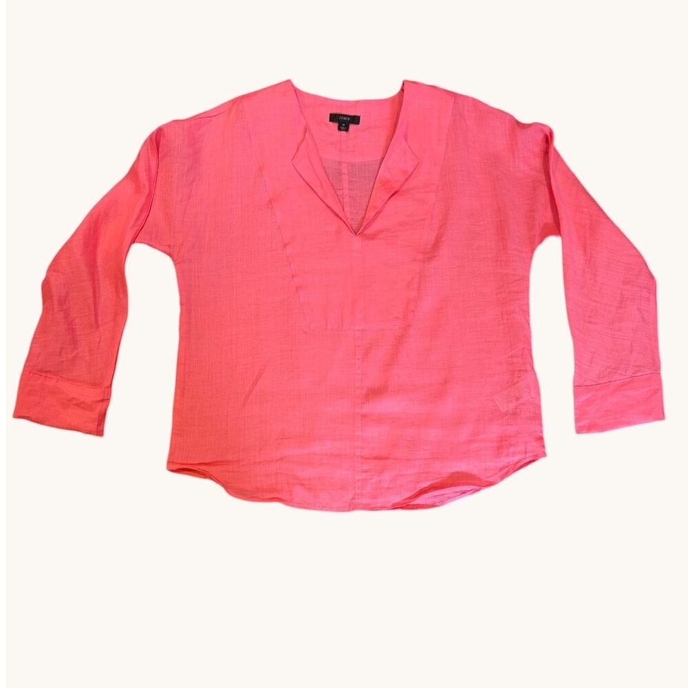 J. CREW Women's Summer Tunic Blouse Size Medium Pink Long-Sleeve Ramie Popover